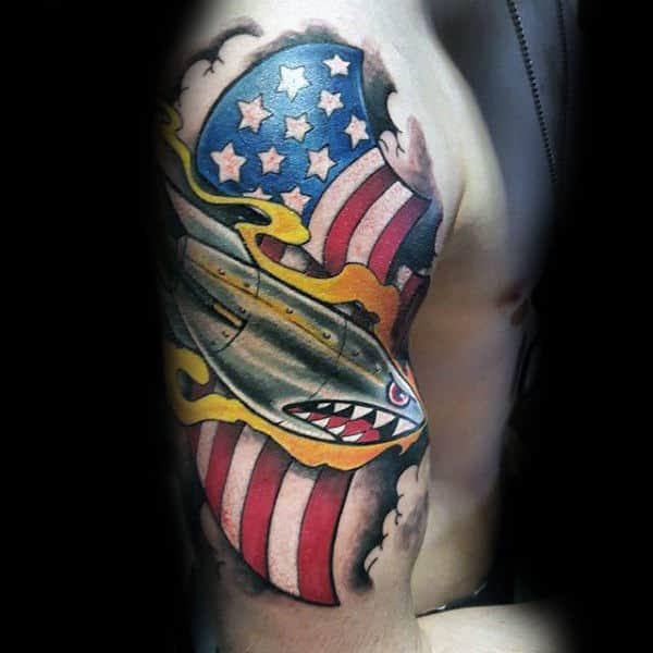 Patriotic American flag and shark tattoo