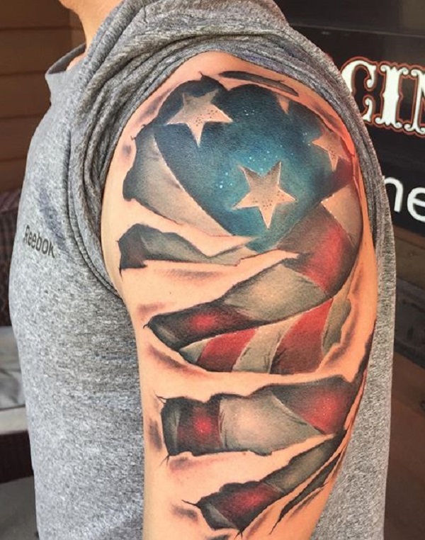 Ripper skin American flag shoulder tattoo