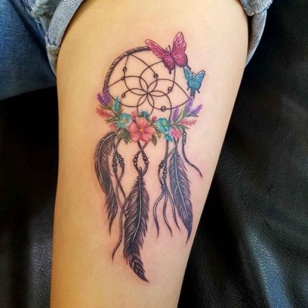 Seed of life dreamcatcher tattoo with butterflies and flowers