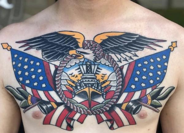 Traditional American Navy tattoo with flag and eagle