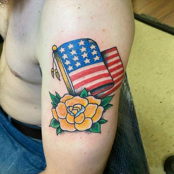 US Flag and yellow rose