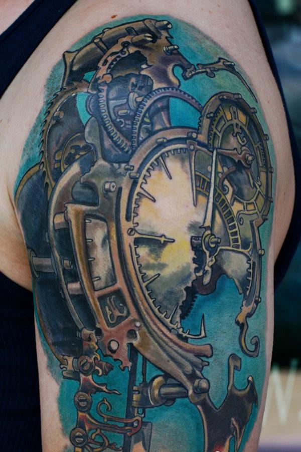 Cool steampunk clock mechanic tattoo