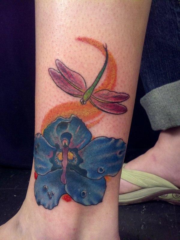dragonfly tattoo Ankle tattoo with Flower and dragonfly