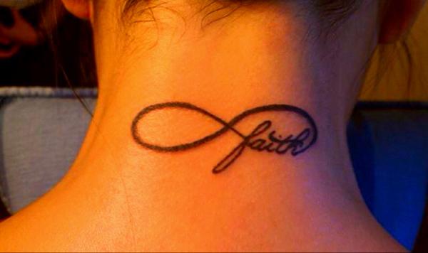 tattoo on neck Infinite symbol with faith lettering tattoo on the neck