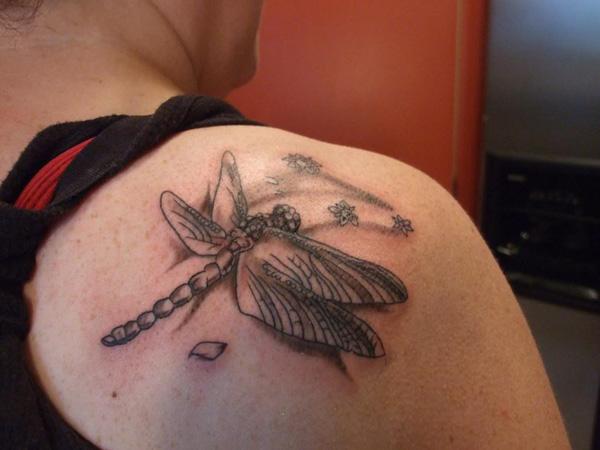 dragonfly tattoo Dragonfly shoulder tattoo with flowers