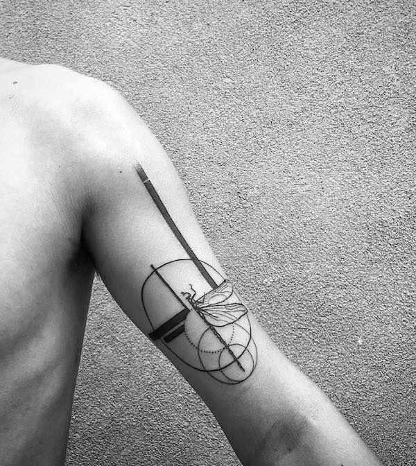 Geometric shapes and Dragonfly sleeve tattoo