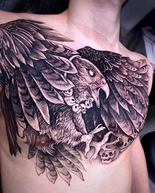 Black and grey hawk tattoo