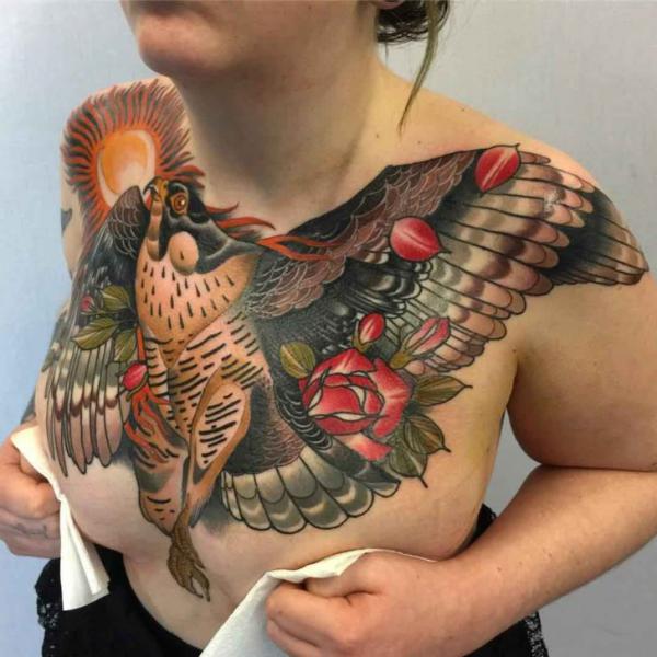Colored Hawk Tattoo on Chest by Matt Adamson