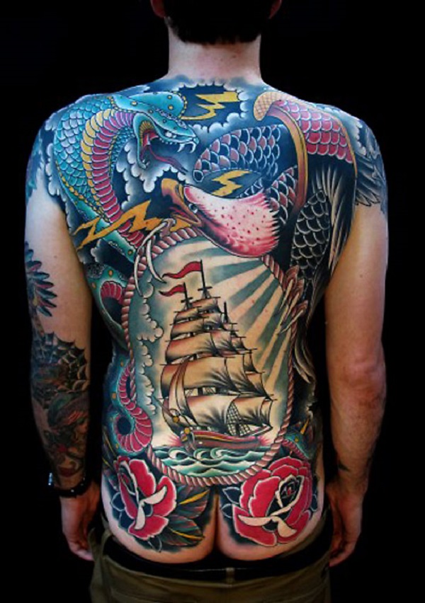 Japanese Snake and old school sailboat with rose tattoo