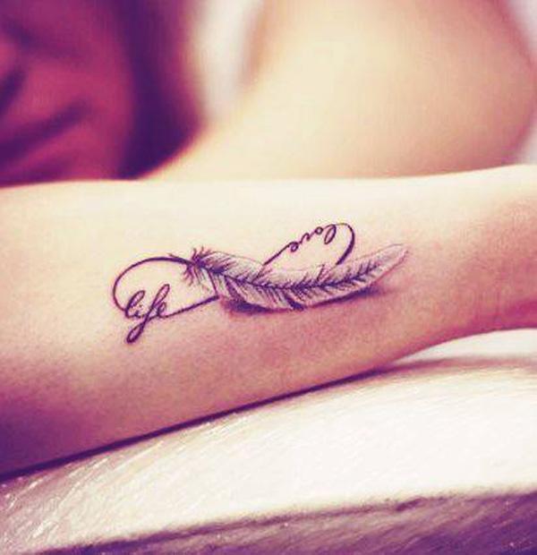 Infinity symbol and a piece of feather tattoo on wrist