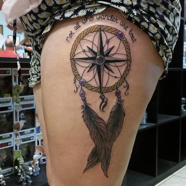 Dream catcher with quote Not All Who Wander Are Lost thigh Tattoo