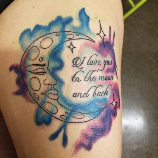 I love you to moon and back tattoo on thigh