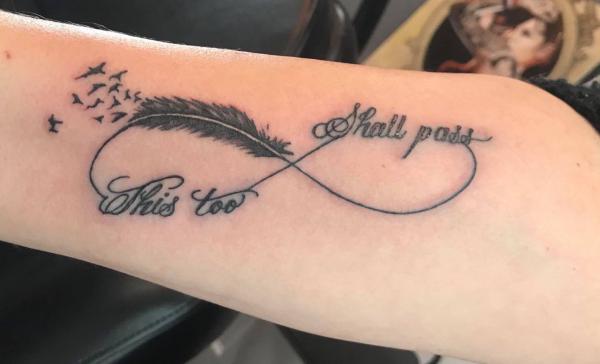 Infinity symbol with the quote this too shall pass