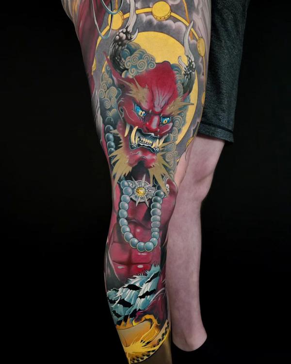 Japanese oni leg sleeve tattoo