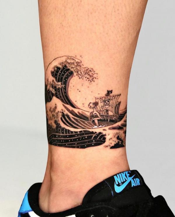 Japanese wave ankle tattoo