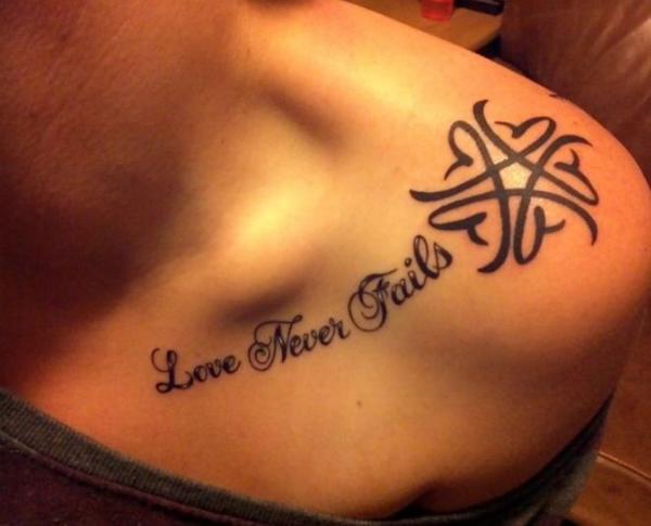Love never fails shoulder tattoo