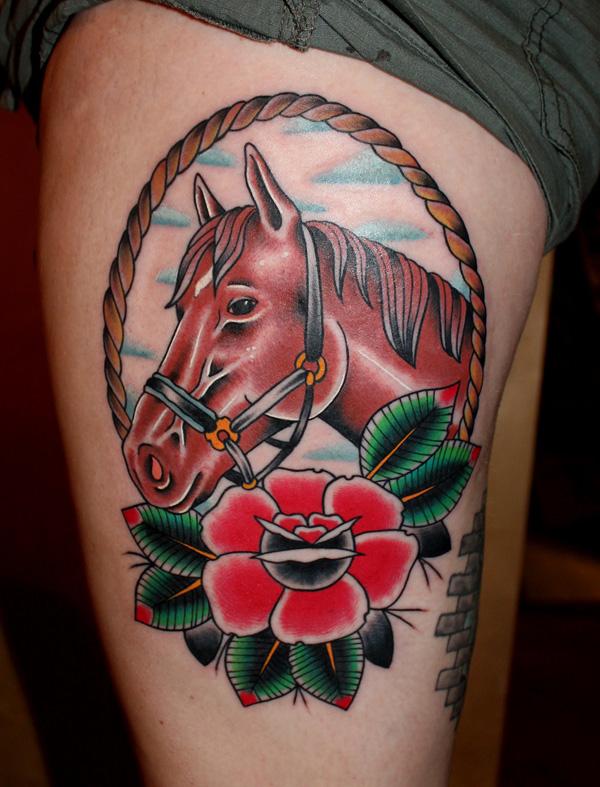 29 horse on thigh rope border tattoo myke chambers Traditional horse head and rose thigh tattoo