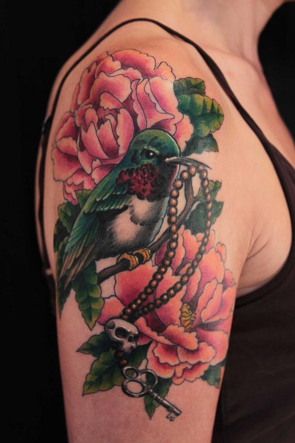 Hummingbird quarter sleeve tattoo Hummingbird and flowers quarter sleeve tattoo