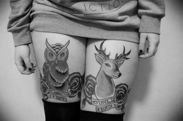 43 Animal thigh tattoo Black and grey Owl and deer tattoo