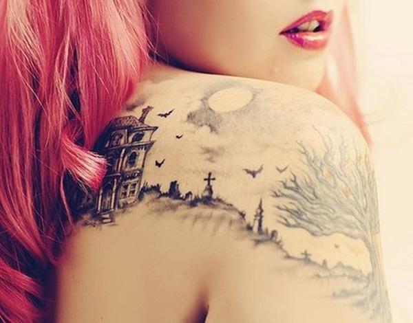  Whimsical Graveyard landscape tattoo for women