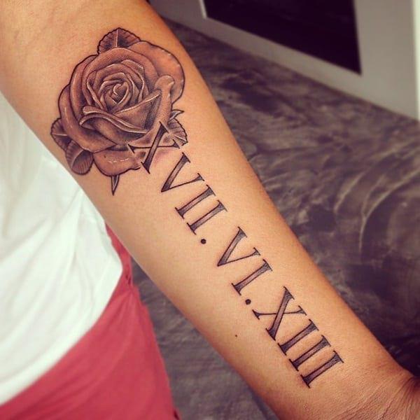 Vintage rose with Roman numerals tattoo