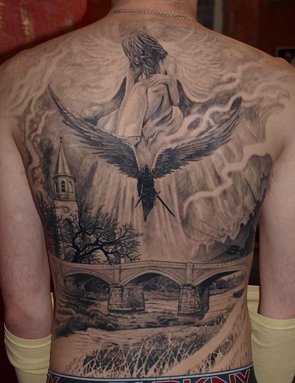 Amazing full back Angel tattoo in black and grey style