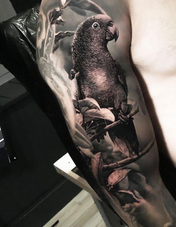 Black and gray Parrot tattoo