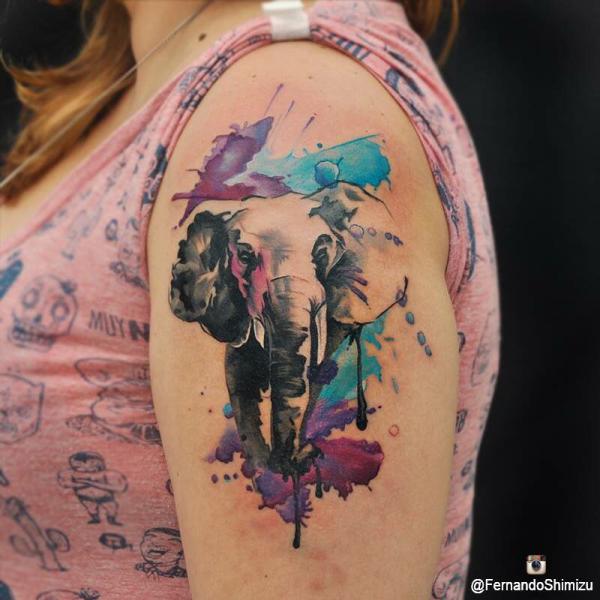 Black and grey elephant on watercolor backdrop