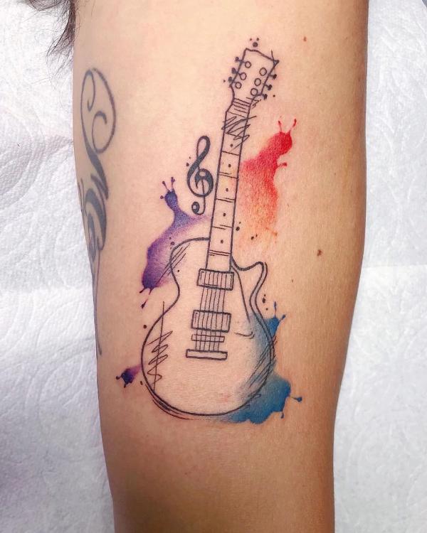 Electric guitar line work with watercolor backdrop tattoo