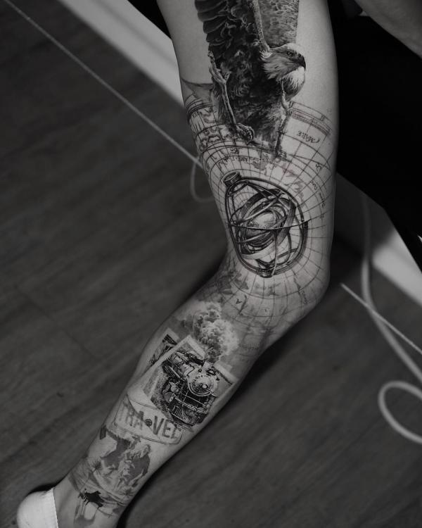 leg tattoos black and white