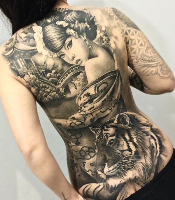 Modern Japanese full back tattoo with pavilion tiger geisha