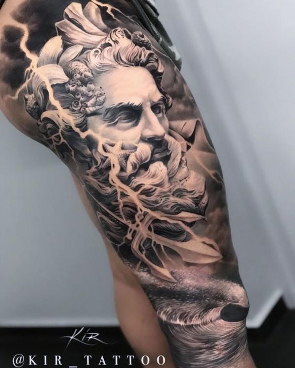 Working on this Greek  Roman Mythology fulllegtattoo PoseidonNeptune  Portrait done  blackandgrey realistic t  Greek tattoos Tattoos Leg  sleeve tattoo