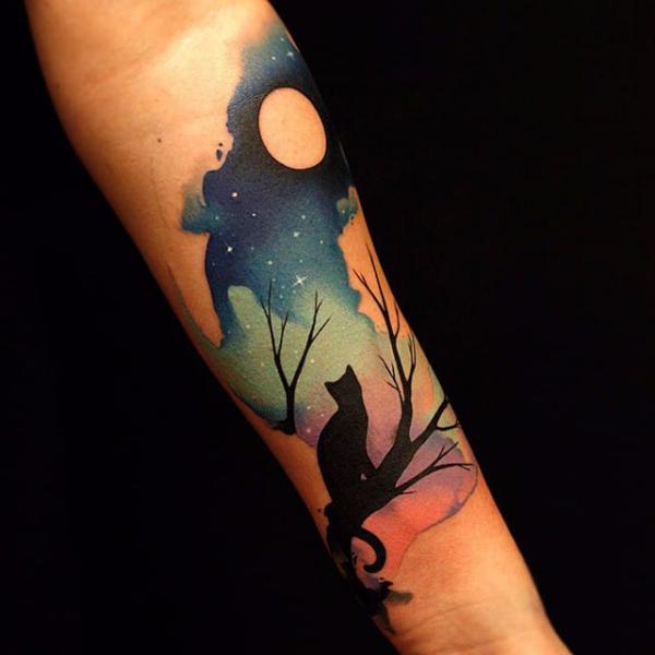 Silhouette cat and moon watercolor tattoo