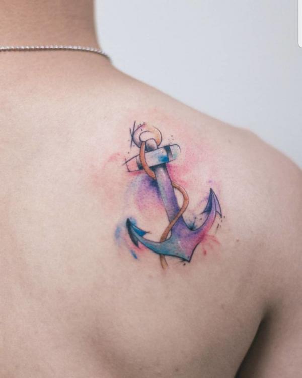 Watercolor anchor shoulder blade tattoo