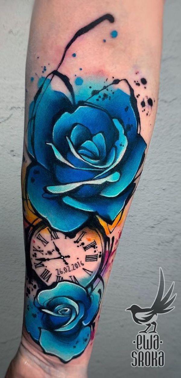 Watercolor blue rose with clock tattoo