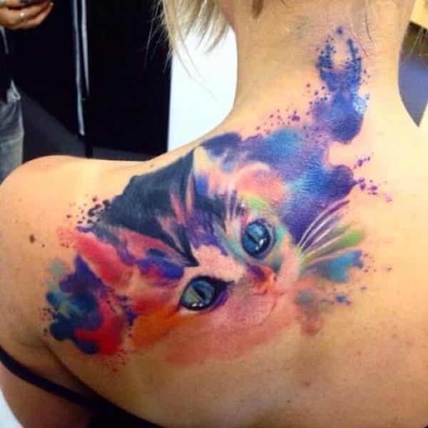 Watercolor cat shoulder tattoo