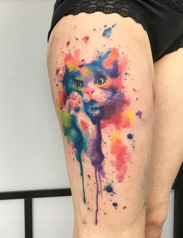 Watercolor cat thigh tattoo