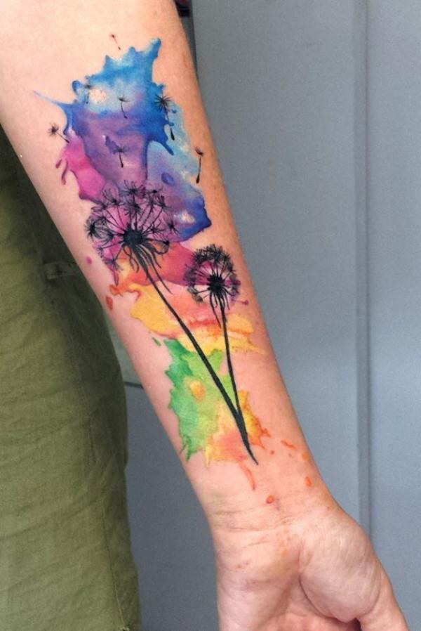 Watercolor dandelion tattoo on forearm