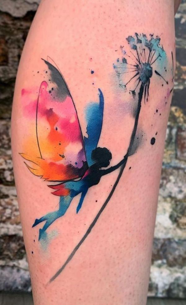 Watercolor fairy with dandelion tattoo