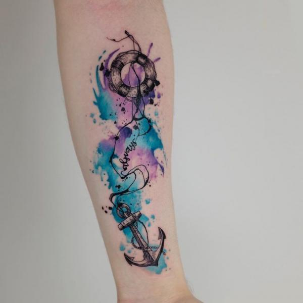 Watercolor lifebuoy and anchor tattoo