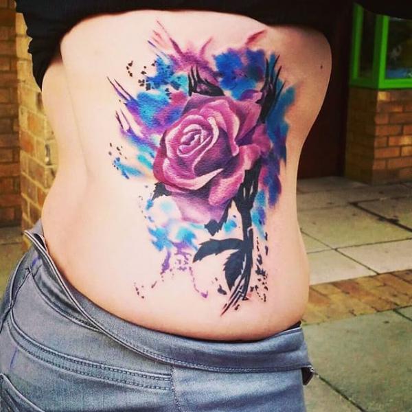 Watercolor rose side tattoo