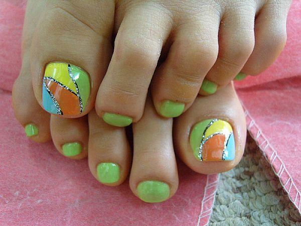 colorful toe nail design on point nail