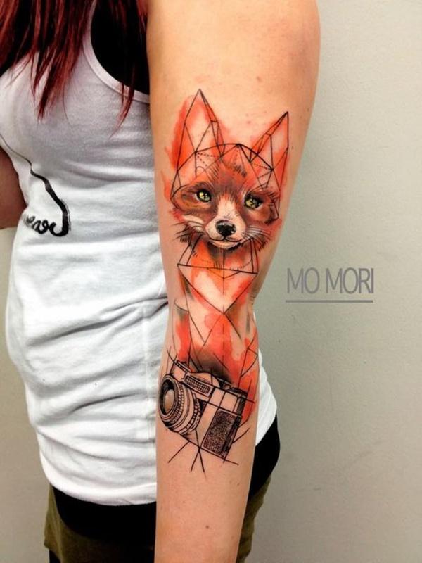 a fox and camera in watercolor style