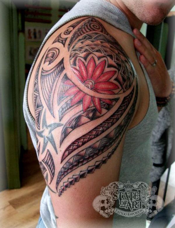 16 Maori with flower Shoulder Maori tattoo with rows of spearheads, sharks and red flower