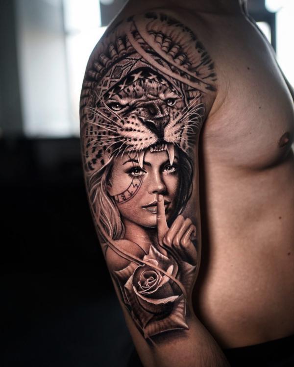 A female with native American tiger headdress