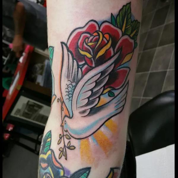 American traditional dove and rose tattoo