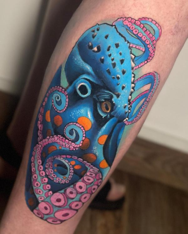 Blue Blue octopus lower leg tattoo