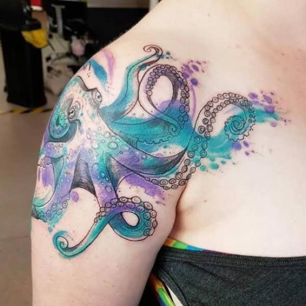 Blue and purple octopus shoulder tattoo