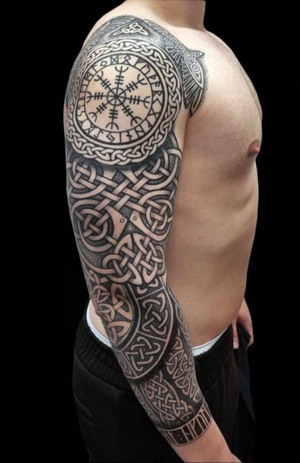 Celtic knot and helm of awe full sleeve tattoo
