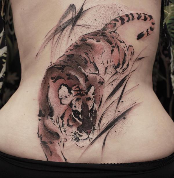 Chinese tiger low back tattoo